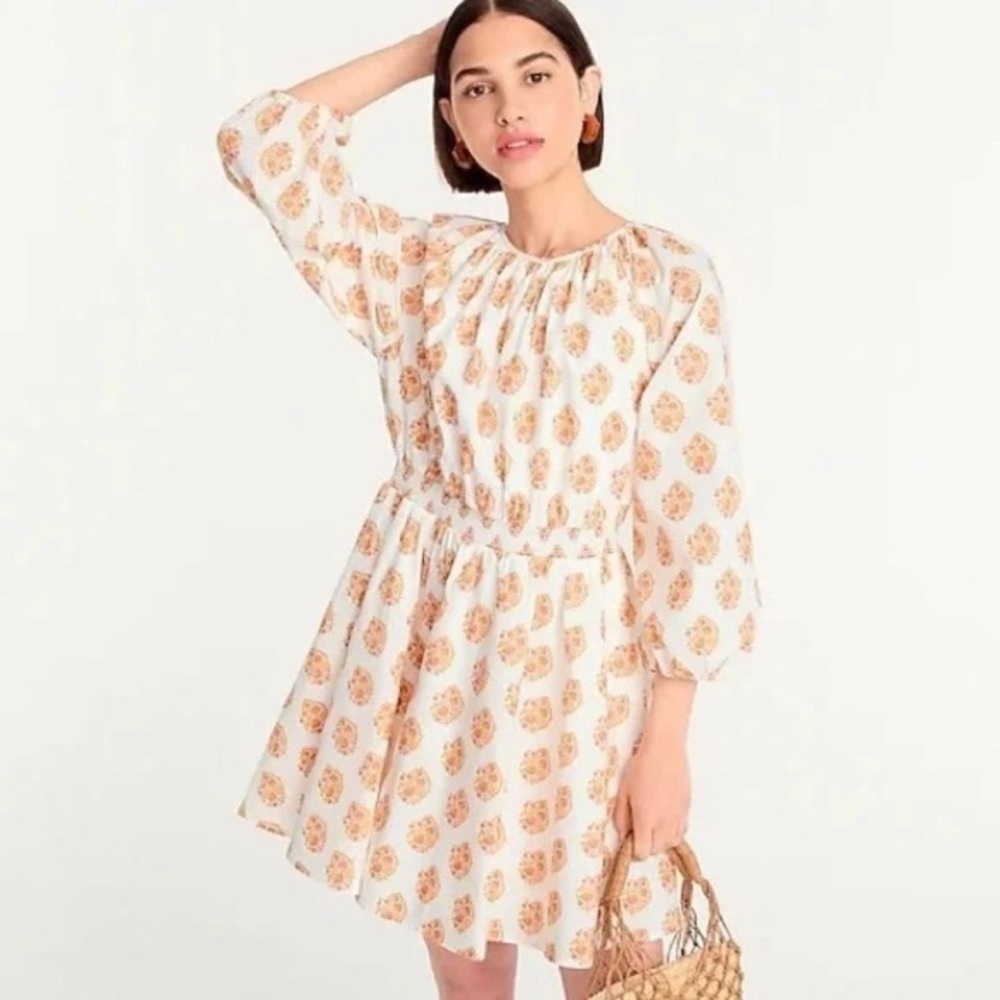 J. Crew || Smocked Waist Mini Dress Long Sleeve Floral Block Print Orange Medium - Picture 2 of 7